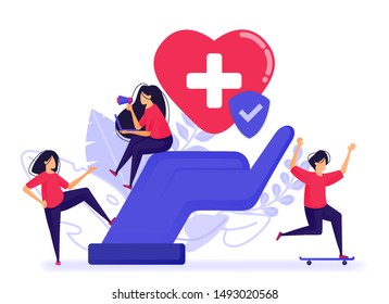 People feel happy because they already have health and life insurance. Register good and trust insurance with best medical facilities. Vector Illustration For Web, Landing Page, Banner, Mobile Apps
