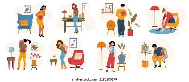 People feel pain, characters suffering of ache in different body parts neck, leg, back, knee, stomach, ankle, shoulder or heart. Health problem, disease symptoms, Cartoon linear flat vector set