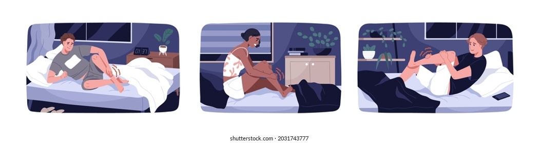 People feel sharp muscle pain because of leg cramps at night. Man and woman in beds with sudden acute aches in foot and ankle. Person suffering from spasms and numb limbs. Flat vector illustrations