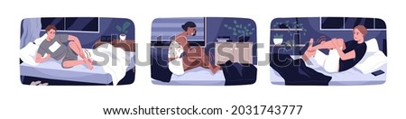 People feel sharp muscle pain because of leg cramps at night. Man and woman in beds with sudden acute aches in foot and ankle. Person suffering from spasms and numb limbs. Flat vector illustrations