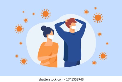 People feeling anxiety and panic about coronavirus outbreak. Man and woman wearing face masks, protecting from virus. Flat vector illustration for epidemic, pandemic, society concept