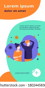 People feeling anxiety and panic about coronavirus outbreak. Man and woman wearing face masks, protecting from virus. Flat vector illustration for epidemic, pandemic, society concept