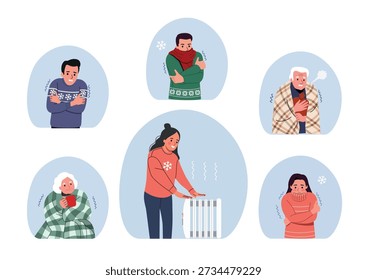 People Feeling Cold at Home in Winter, Heating and Warmth Concept Set. Vector flat  cartoon illustration