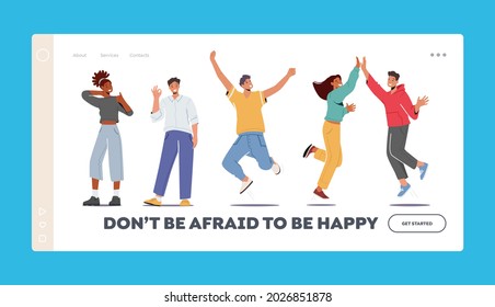 People Feeling Positive Emotions Landing Page Template. Joyful Characters in Good Mood Giving Highfive, Show Ok Gesture, Jumping with Raised Arms and Showing Thumb Up. Cartoon Vector Illustration