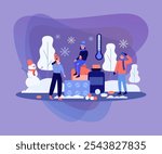 People feeling sick due to low temperature outside, suffering from cold allergy. Characters in warm clothes standing near pills outdoors. Vector illustration for winter, pharmacy, treatment concepts