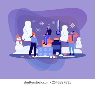 People feeling sick due to low temperature outside, suffering from cold allergy. Characters in warm clothes standing near pills outdoors. Vector illustration for winter, pharmacy, treatment concepts