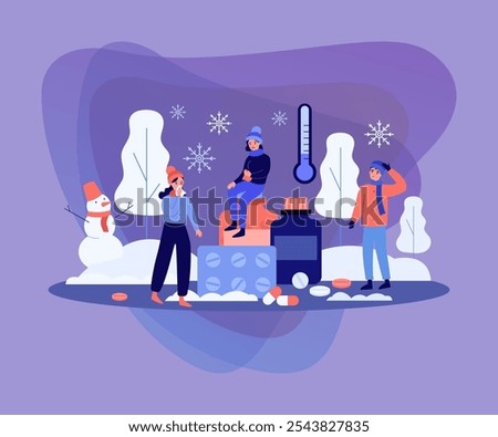 People feeling sick due to low temperature outside, suffering from cold allergy. Characters in warm clothes standing near pills outdoors. Vector illustration for winter, pharmacy, treatment concepts