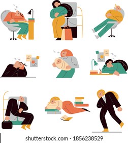 People feeling sleepy and napping in office, at home or in transport