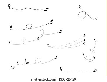 People feet silhouette follow the pedestrian route. The legs go along the crosswalk from the point. vector illustration.