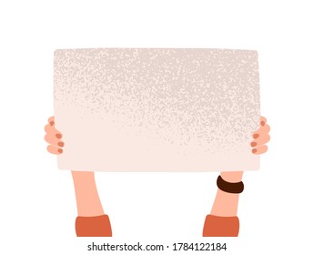 People, female hand holding poster, banner, place for text. Demonstration announcement. Woman placard, protest meeting. Flat vector cartoon illustration isolated on white background