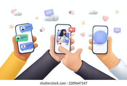 Las mujeres masculinas usan smartphones en los medios sociales para navegar. marketing SMM, Chatting, Watching Video, Fotos de "Me Gusta". Personajes hablando de aplicación móvil. Ilustración del vector de representación 3D. Comunicación en línea