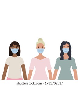 People female, women wearing medical masks to prevent sickness, infection, disease, flu, air pollution, contaminated air. Vector background illustration, flat trend style people