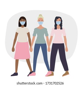 People female, women wearing medical masks to prevent sickness, infection, disease, flu, air pollution, contaminated air. Vector background illustration, flat trend style people