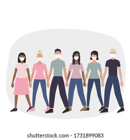 People female, women wearing medical masks to prevent sickness, infection, disease, flu, air pollution, contaminated air. Vector background illustration, flat trend style people