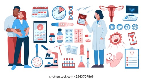 Elementos de fertilidade das pessoas. Casal feliz esperando bebê, ginecologista com imagem de feto, planejamento de gravidez, concepção, vitaminas e comprimidos desenho animado estilo plano isolado tidy vetor conjunto