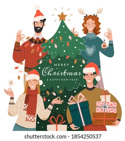 People in festive clothes near the tree. A group of friends celebrates Christmas and New Year.
