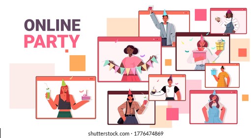 people in festive hats celebrating online birthday party mix race men women in computer windows having fun celebration self isolation virtual meeting concept portrait horizontal vector illustration