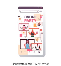 people in festive hats celebrating online birthday party mix race men women having fun celebration virtual meeting concept smartphone screen portrait vector illustration