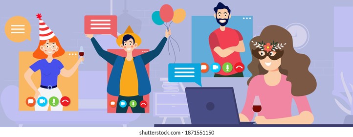 people in festive hats celebrating online birthday party mix race men women in computer windows having fun celebration self isolation virtual meeting concept portrait horizontal vector illustration