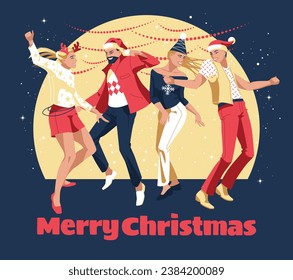 People are festively dressed, dancing and celebrating Christmas, New Year. Dark and snow night background. Event party. Vector flat illustration