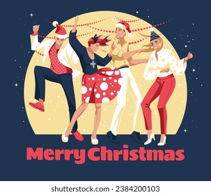 People are festively dressed, dancing and celebrating Christmas, New Year. Dark and snow night background. Event party. Vector flat illustration