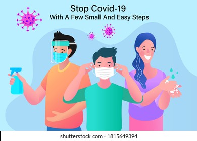 People Fight Against Covid-19. Hygiene promotion with wearing a face mask, sanitizing with alcohol and washing your hands in flat style.