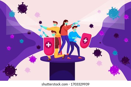 people fight the corona covid-19 virus. fight against the corona virus. protect yourself from viruses with shields and disinfectant sprays. modern flat vector illustration design concepts