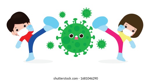 people fight with coronavirus (2019-nCoV), cartoon character man and woman attack COVID-19 ,children and Protection Against Viruses and Bacteria, Healthy lifestyle concept isolated on white background