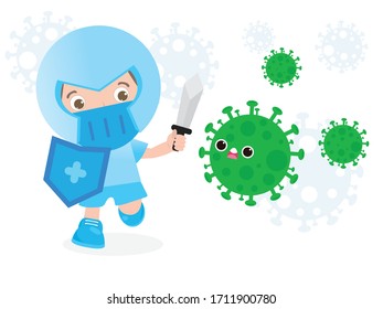 people fight with coronavirus (2019-nCoV), cartoon character man attack COVID-19 ,children and Protection Against Viruses and Bacteria, Healthy lifestyle concept isolated on white background