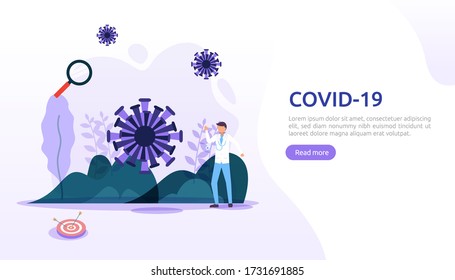 people fight covid-19 corona virus illustration concept. research concept for coronavirus 2019-nCoV vaccine. web landing page template, banner, presentation, social, poster, ad, or print media