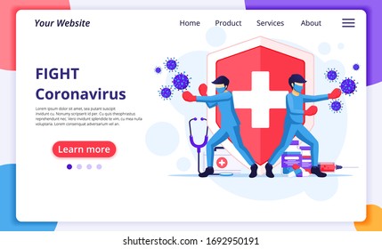 People fight Covid-19 coronavirus concept, doctor and nurses punch virus cells. Modern flat web landing page design template. Vector illustration