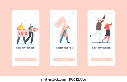 People Fight for the Rights Mobile App Page Onboard Screen Template. Characters Protesting with Placards and Signboard on Revolution Strike or Demonstration, Riot Concept. Cartoon Vector Illustration
