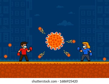 People fight virus. Concept. Pixel art Illustration 