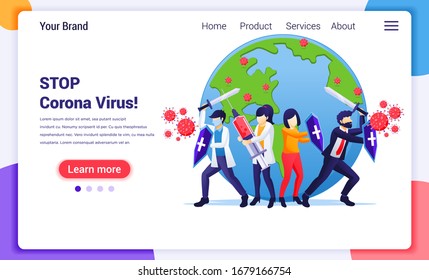 Die Menschen kämpfen mit dem Virus , bekämpfen Covid-19, Impfstoff-Heilung für das Corona-Virus-Konzept. Modernes flaches Webseitendesign für die Website- und mobile Webseitenentwicklung. Vektorillustration
