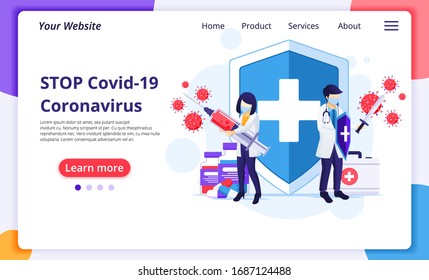 People fight with virus, Doctor and nurse fighting Covid-19 Corona virus concept. Modern flat web landing page design template. Vector illustration