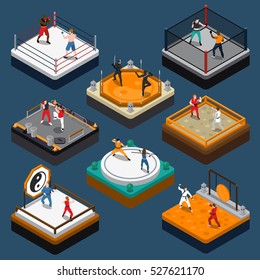 People fighters and martial arts tournaments on various rings and dojo isometric composition isolated on blue background vector illustration