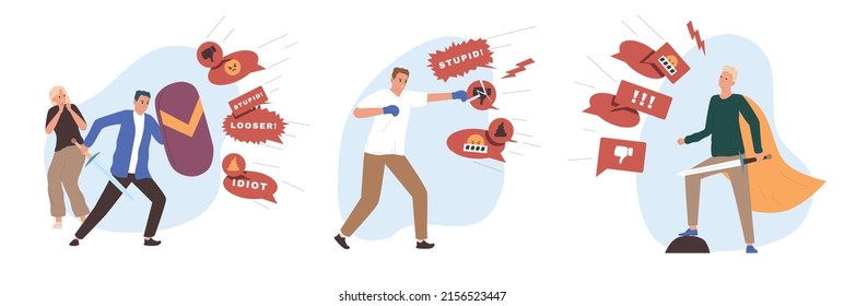 People fighting against bulling agression flat scenes set isolated vector illustration