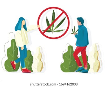 People fighting against cannabis usage in public places. Vector