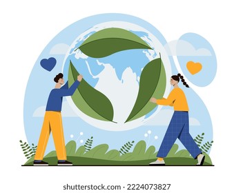 Gente luchando contra la contaminación. Hombre y mujer recolectan insignia de reciclaje de hojas. Afiche o cartel motivacional. El cuidado de la naturaleza, el medio ambiente y la ecología. Dibujo vectorial plano de dibujos animados