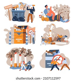 People fighting against smoking in public area, dangerous and toxic habit, forbidden and restricted. Warning information for smokers and addicted. Unhealthy lifestyle, vector in flat illustration