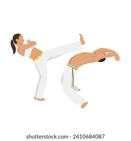 People fighting in Capoeira. Brazilian martial arts. Combat sport. Flat vector illustration isolated on white background