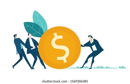 People fighting for the dollar coin. Monetization, banking and financial services, competition for the deal. 