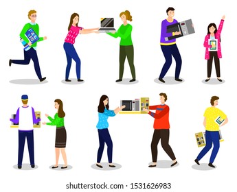 People fighting for items on sale. Isolated characters holding appliances and gadgets. Women arguing because of computer with discount. Male running with kettle. Kid with smartphone. Black friday sale