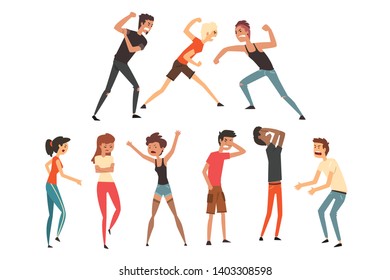 People fighting and quarreling. Aggressive and violent behavior. Negative emotions. Young guys and girls. Flat vector design svg