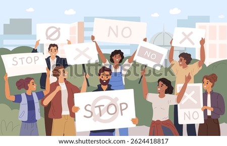 People fighting for rights. Protest with posters, activist men and women at demonstration with blank placards in park, public demands outdoors, social picket cartoon garish vector concept
