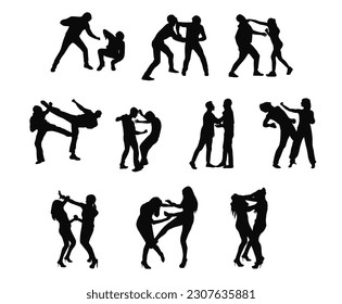 People fighting silhouette, violence vector illustration