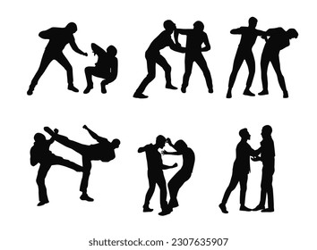 People fighting silhouette, violence vector illustration