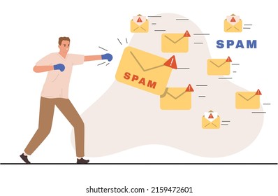 People fighting spam messages flat concept with man punching envelopes vector illustration