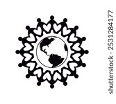 People figure around world black silhouette. Paper cut holding hands forming a gear shape. Vector isolated on a white background.