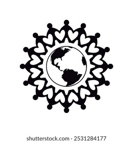 People figure around world black silhouette. Paper cut holding hands forming a gear shape. Vector isolated on a white background.